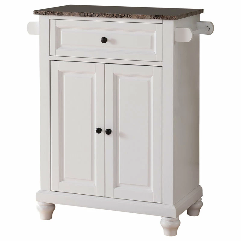 Pilaster Designs Ian Kitchen Island Storage Cabinet, White & Marble Wood, Adjustable Shelf