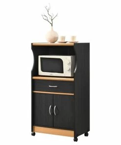 Hodedah Import Inc. Hodedah Microwave Contemporary Wooden Kitchen Cart In Black-Beige Finish
