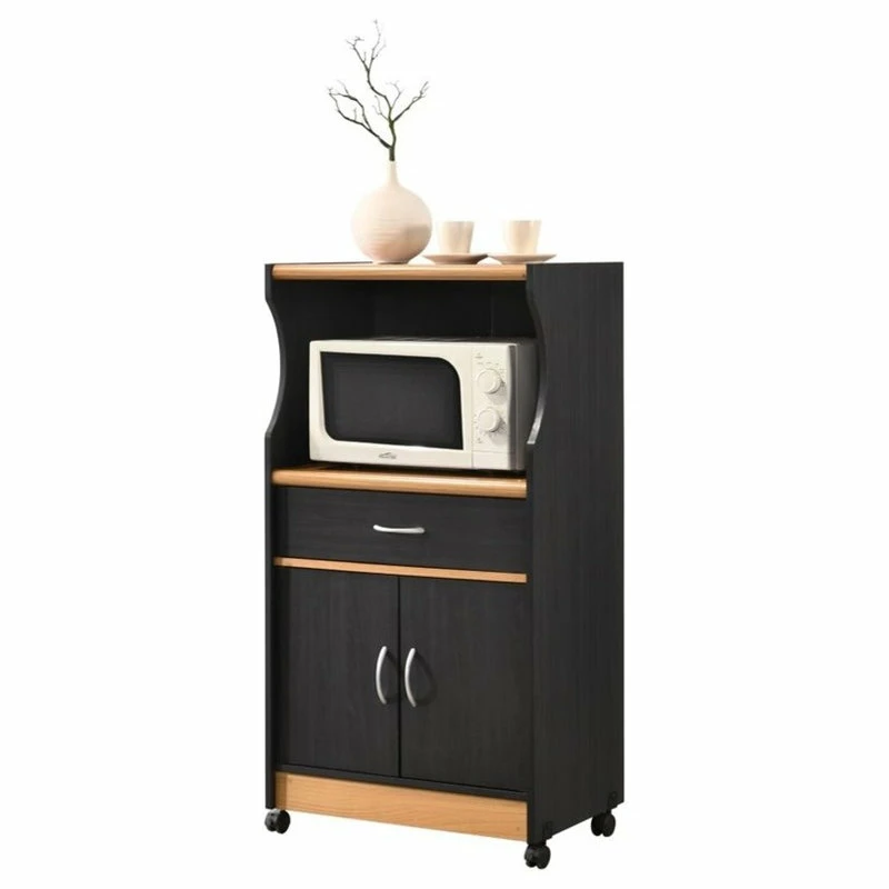 Hodedah Import Inc. Hodedah Microwave Contemporary Wooden Kitchen Cart In Black-Beige Finish