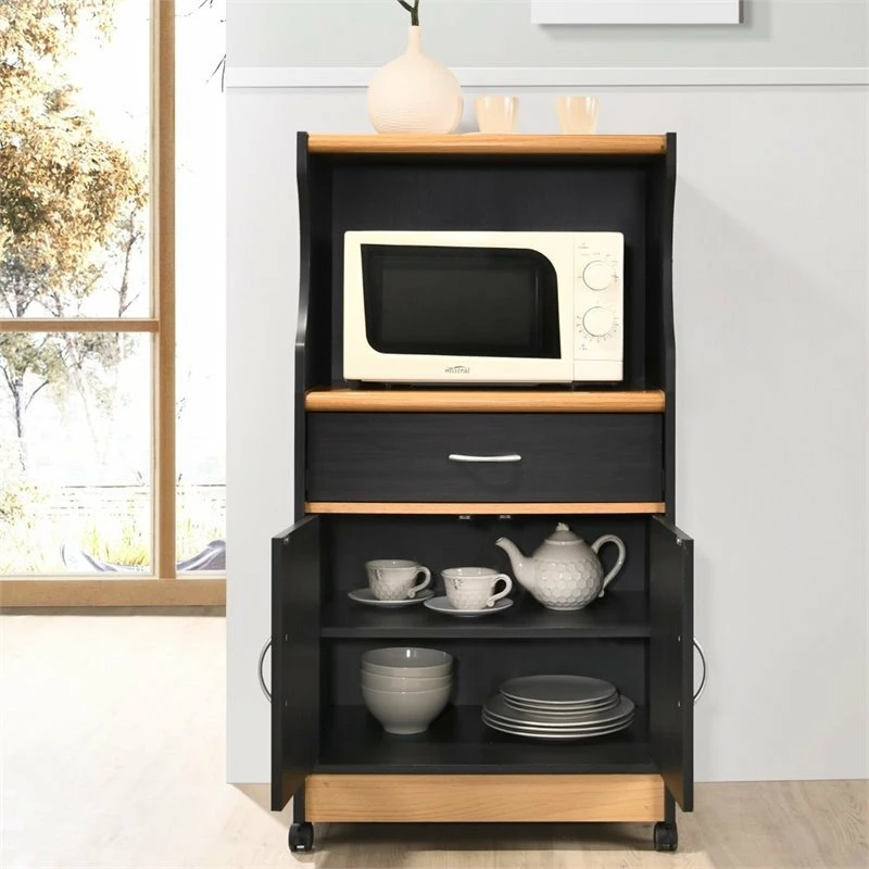 Hodedah Import Inc. Hodedah Microwave Contemporary Wooden Kitchen Cart In Black-Beige Finish - Image 3