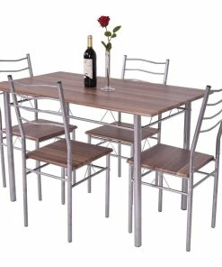 Costway 5 Piece Dining Table Set Wood Metal Kitchen Furniture W/4 Chair Walnut