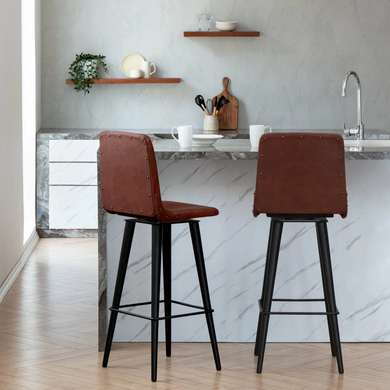 Madeleine Home Inc. Hayward Genuine Leather 29.5" Swivel Bar Stool, Brown, Brown - Image 4