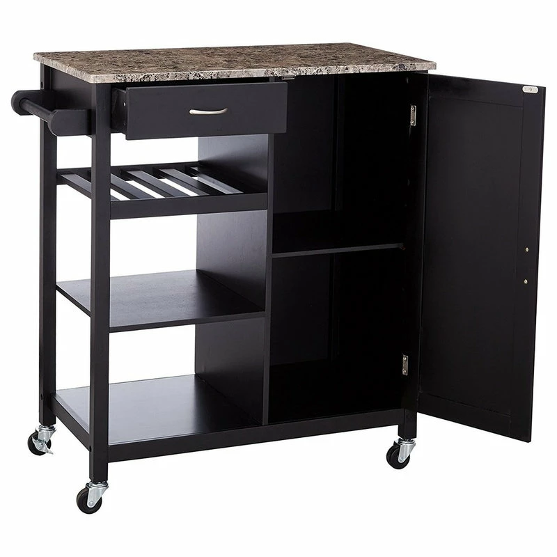 Pilaster Designs Charlotte Wood And Marble Kitchen Storage Cart, Black - Image 2