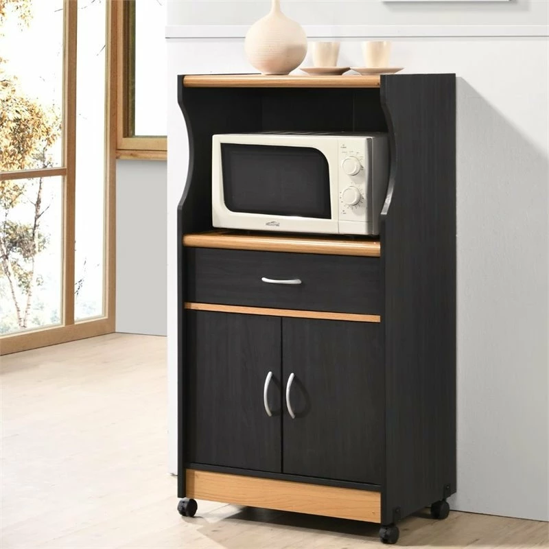 Hodedah Import Inc. Hodedah Microwave Contemporary Wooden Kitchen Cart In Black-Beige Finish - Image 2