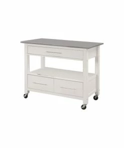 Benzara, Woodland Imprts, The Urban Port Kitchen Cart With Stainless Steel Top, Gray And White