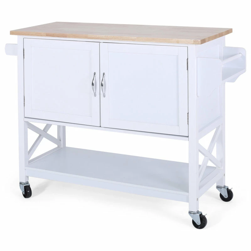 GDFStudio Drake Farmhouse Kitchen Cart With Wheels, White And Natural