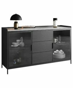 Homary 47" Black Sideboard Buffet Doors&Drawers Stone Top Modern Sideboard Cabinet