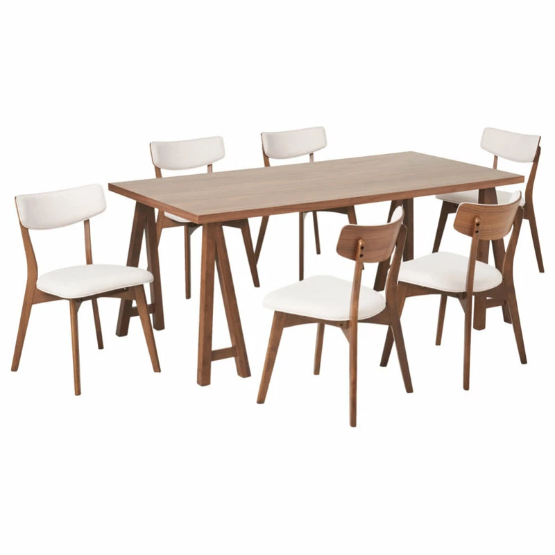 GDFStudio Anakin Mid-Century Modern 7-Piece Dining Set, Light Beige, Walnut
