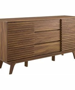 EFurnish Mid Century Sideboard, 3 Drawers And Sliding Doors With Carved Details, Walnut