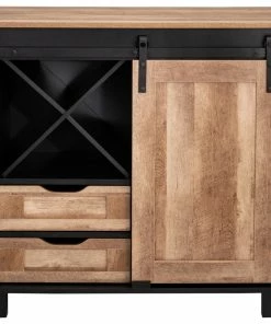 Glitzhome 32.30" Modern Industrial Black Wine Sideboard With Natural Top And Sliding Door