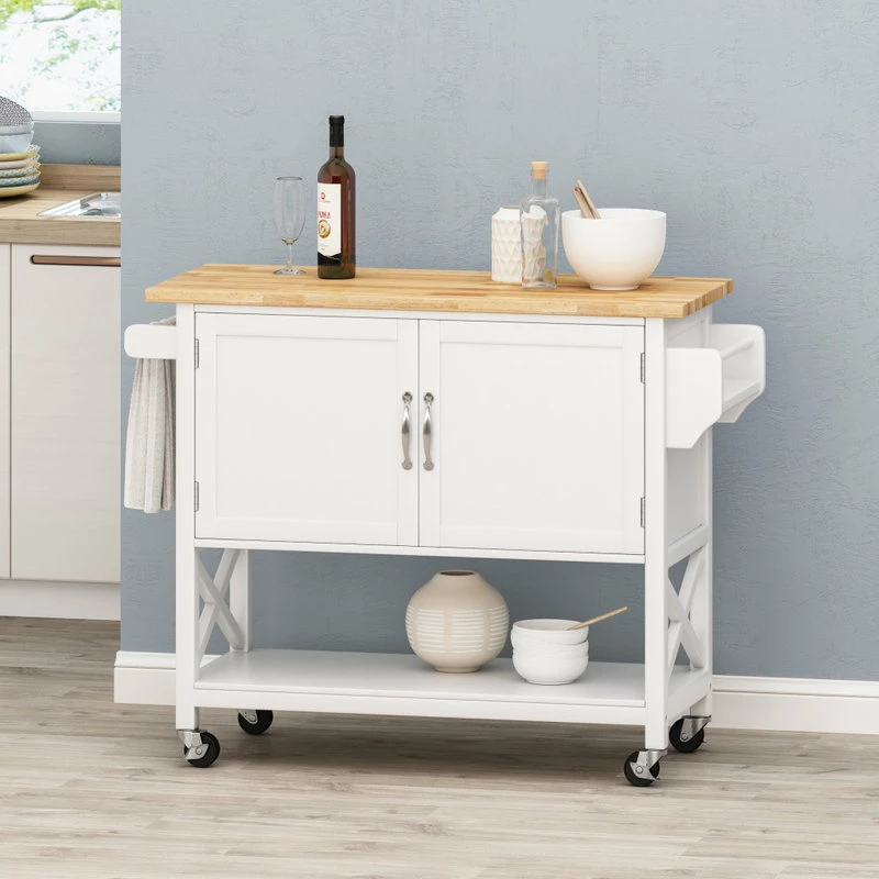 GDFStudio Drake Farmhouse Kitchen Cart With Wheels, White And Natural - Image 2