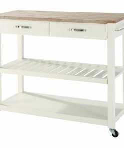 Crosley Natural Wood Top Kitchen Cart/Island With Optional Stool Storage, White Finish