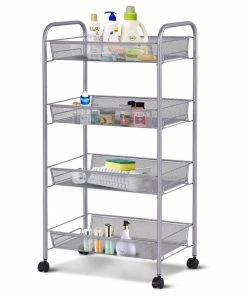 Costway 4 Tier Storage Rack Trolley Cart Home Kitchen Organizer Baskets Sliver