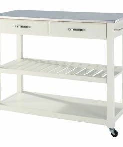 Crosley Stainless Steel Top Kitchen Cart/Island, Optional Stool Storage, White