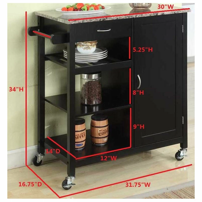 Pilaster Designs Charlotte Wood And Marble Kitchen Storage Cart, Black - Image 5