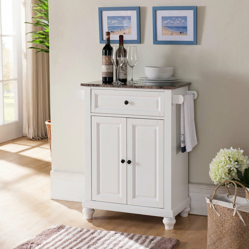 Pilaster Designs Ian Kitchen Island Storage Cabinet, White & Marble Wood, Adjustable Shelf - Image 3