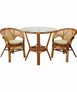 RattanUSA 3-Piece Pelangi Dining Rattan Wicker Armchairs/Round Table Glass Top, Colonial