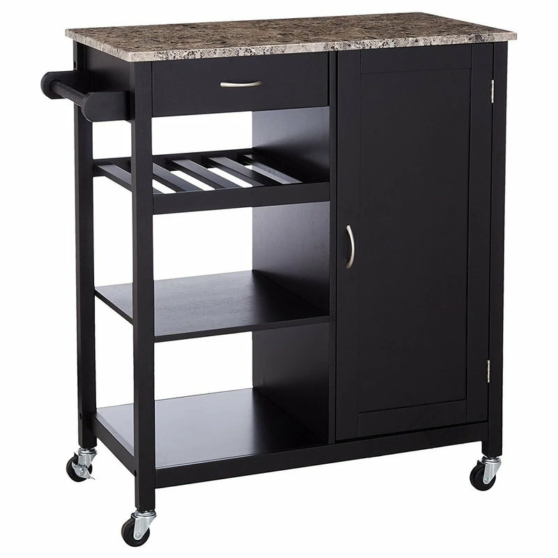 Pilaster Designs Charlotte Wood And Marble Kitchen Storage Cart, Black