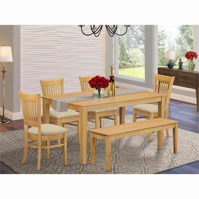 East West Furniture Capri 6-piece Wood Dining Table Set With Bench In Oak - Image 2