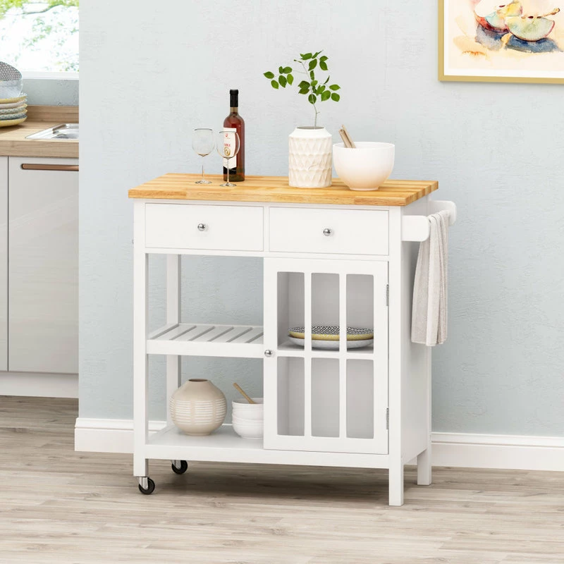 GDFStudio Marlon Kitchen Cart With Wheels, White, Natural - Image 2