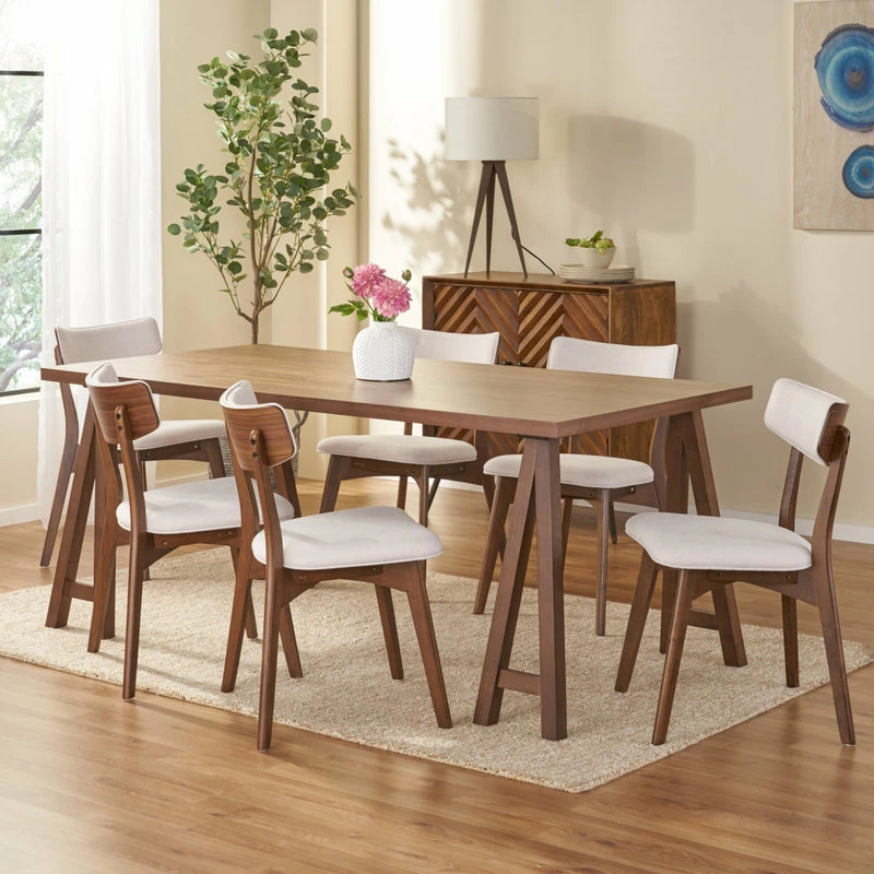 GDFStudio Anakin Mid-Century Modern 7-Piece Dining Set, Light Beige, Walnut - Image 3