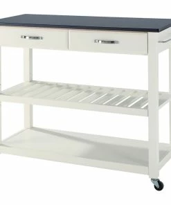 Crosley Solid Black Granite Top Kitchen Cart/Island, Optional Stool Storage, White