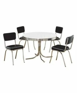 Home Furnishings Cleveland Chrome Plated Retro 5-Piece Round Dining Set, White And Black