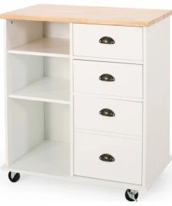 GDFStudio Lennon Kitchen Cart With Wheels, Natural, White