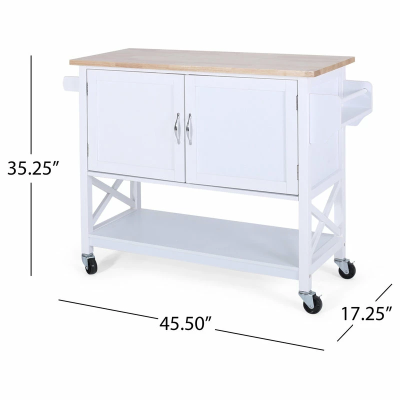 GDFStudio Drake Farmhouse Kitchen Cart With Wheels, White And Natural - Image 3