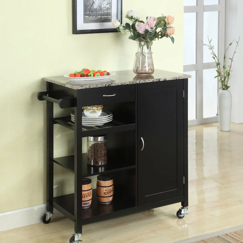 Pilaster Designs Charlotte Wood And Marble Kitchen Storage Cart, Black - Image 3