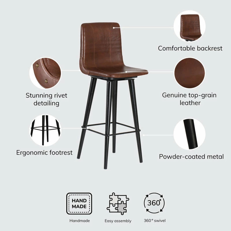 Madeleine Home Inc. Hayward Genuine Leather 29.5" Swivel Bar Stool, Brown, Brown - Image 13